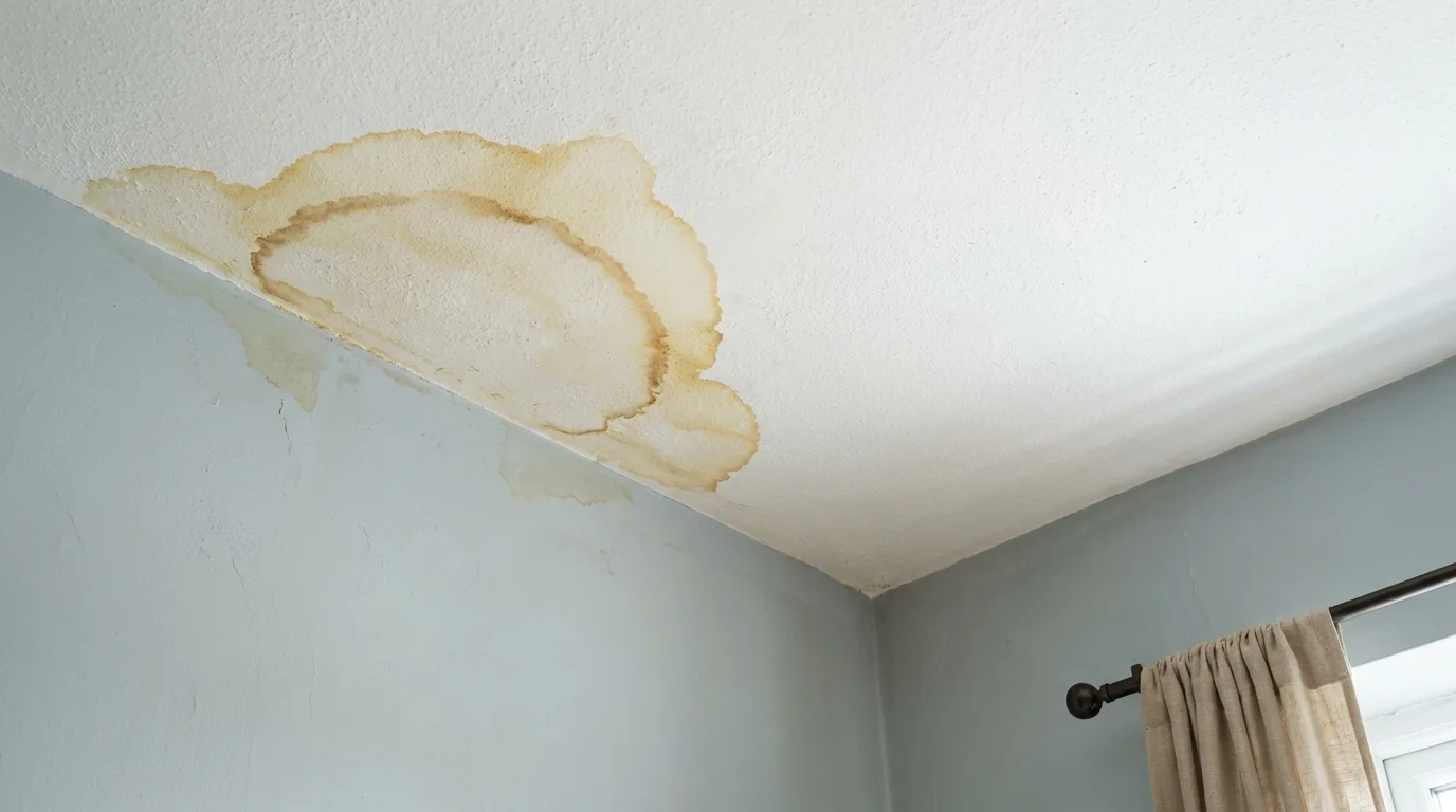 A photograph of a yellow and brown water stain on a white ceiling corner.