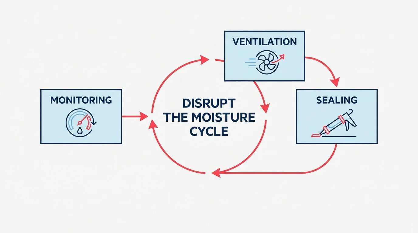 A professional diagram showing the three pillars of moisture control: Monitoring, Ventilation, and Sealing.