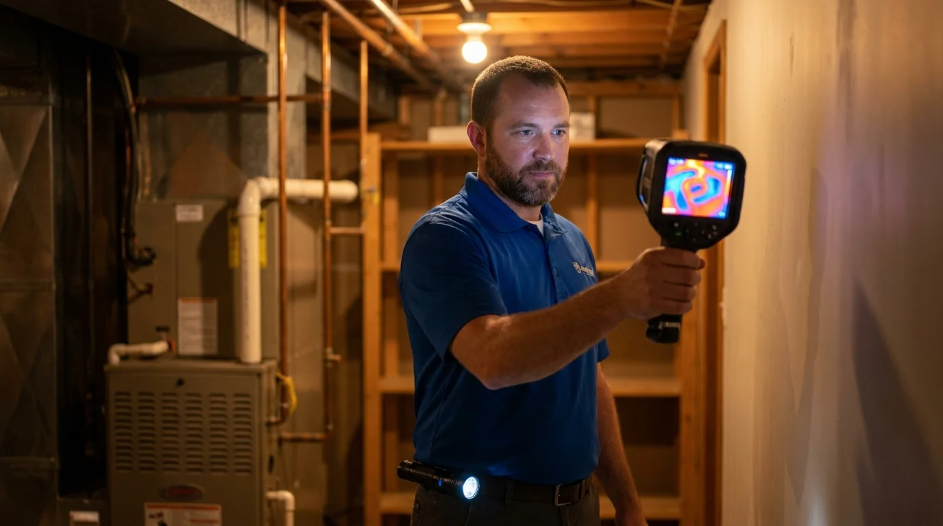 A professional home inspector using a thermal camera to detect hidden moisture behind a basement wall.