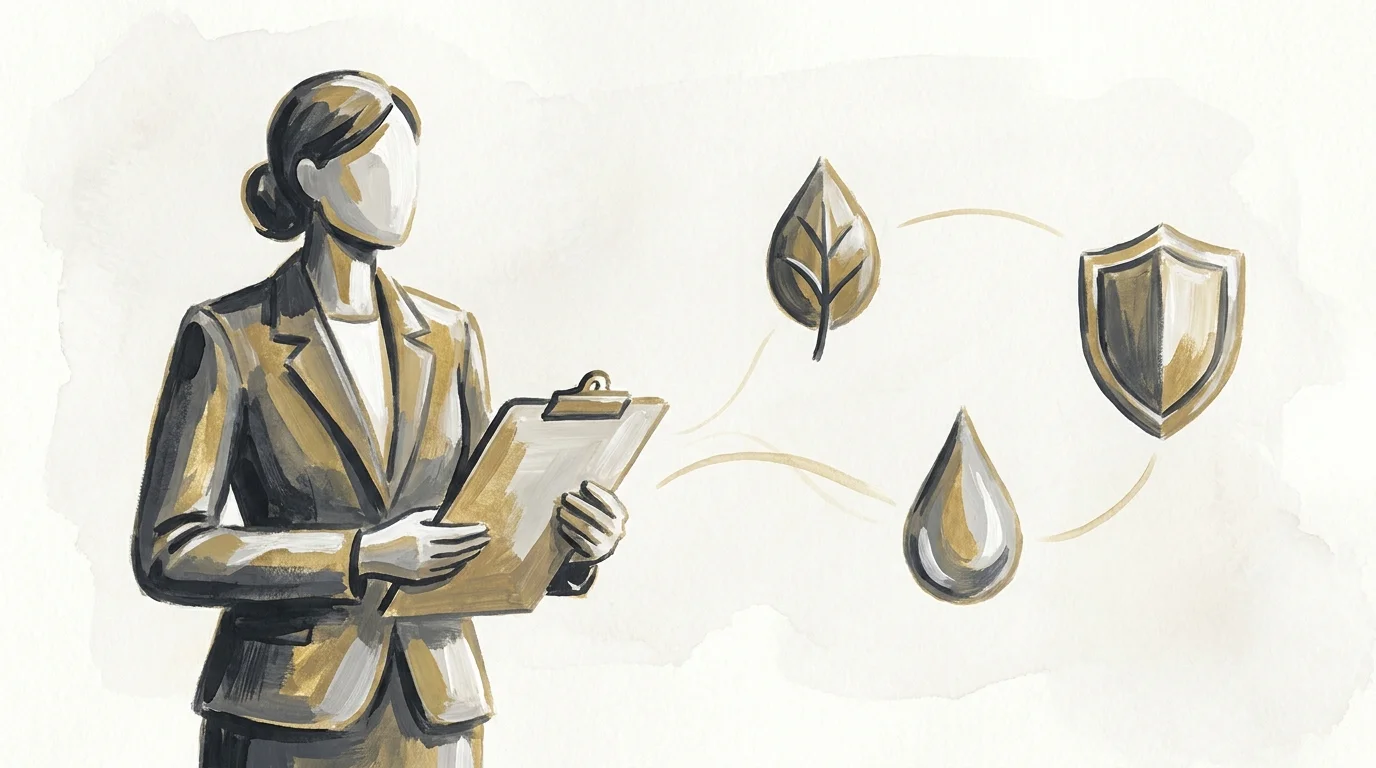 A professional illustration of an air quality specialist surrounded by symbols of health and protection.
