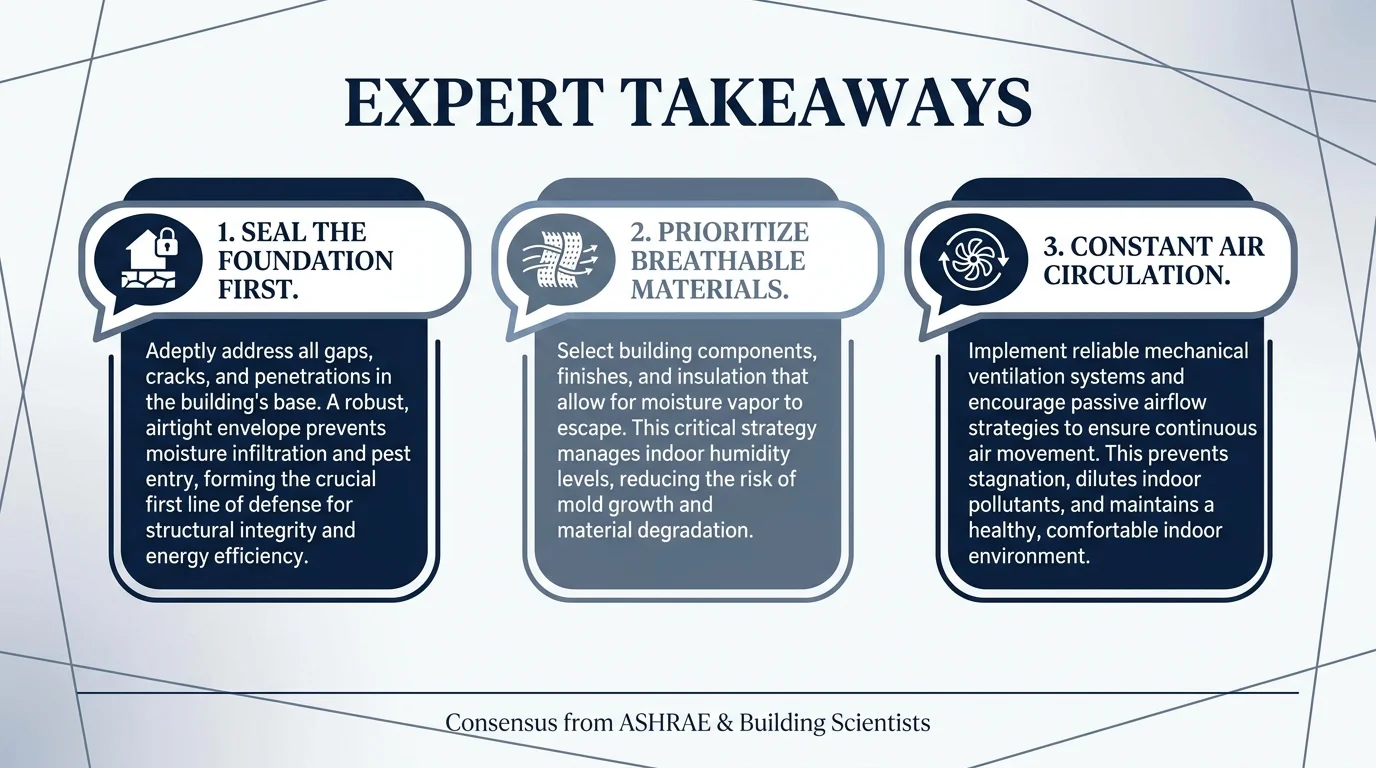 A professional infographic showing three expert tips: Seal Foundation, Breathable Materials, and Air Circulation.