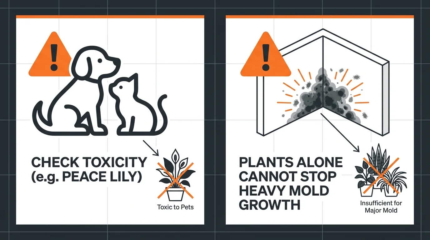 A safety diagram highlighting pet toxicity warnings and the limitations of plants in preventing mold.