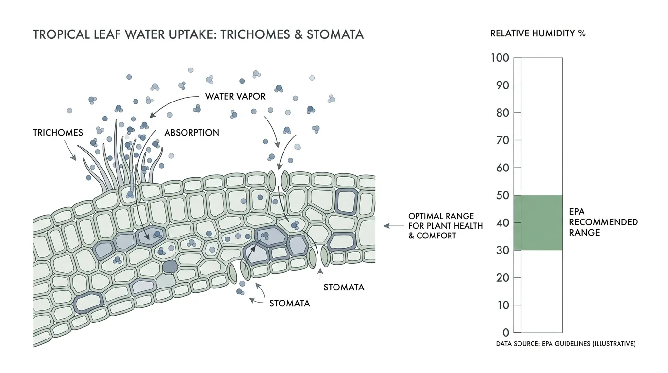 A scientific diagram showing how plant leaves absorb water vapor, featuring a humidity scale highlighting the 30% to 50% ideal range.