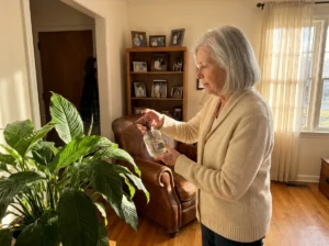 A senior woman in a sunlit living room caring for a large green peace lily plant with a glass mister.