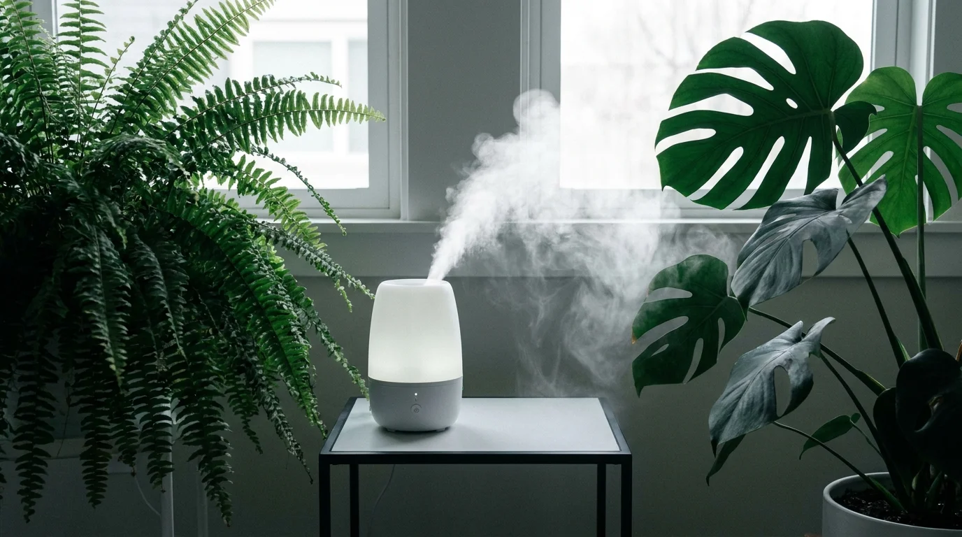 A small humidifier releasing a mist of water vapor next to indoor houseplants.