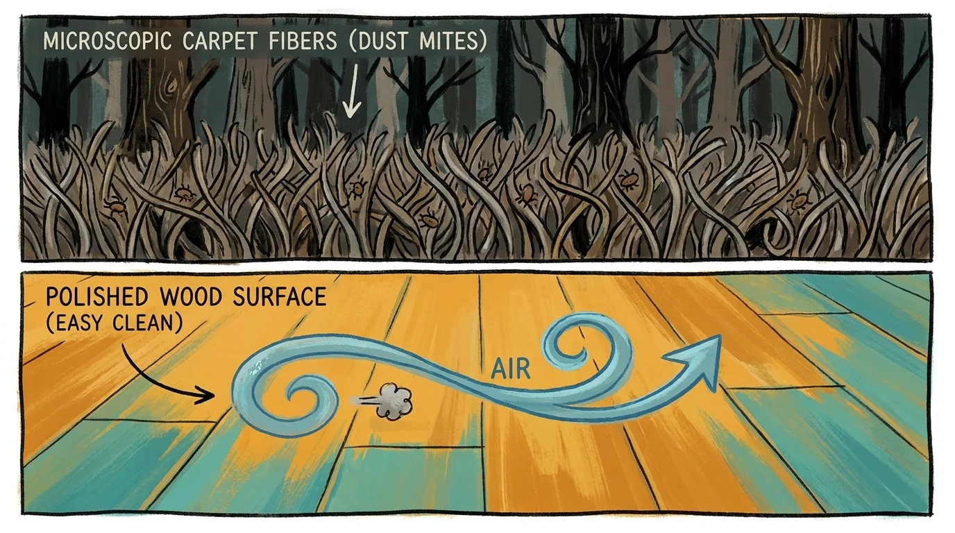 A split-view illustration comparing dust trapped in thick carpet fibers versus a smooth, cleanable wood surface.