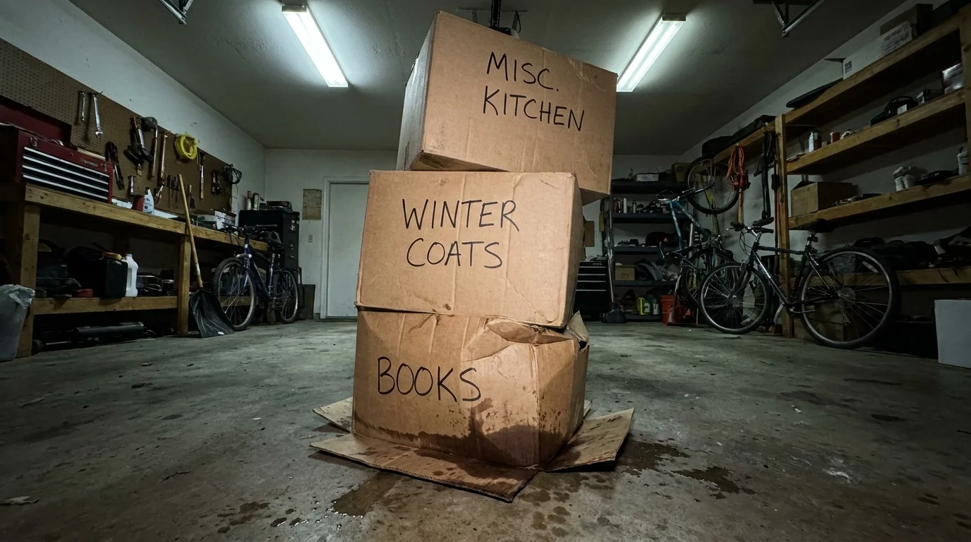 A stack of sagging cardboard boxes in a garage with the bottom box showing water absorption.