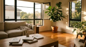 A sunlit, airy living room with large windows, wooden floors, and indoor plants, conveying a sense of clean and healthy indoor air.