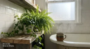 A sunlit bathroom filled with lush green houseplants including a Boston Fern and English Ivy, creating a natural, humid-reducing oasis.