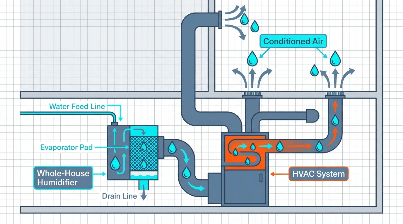 A technical cross-section diagram showing how a whole-house humidifier integrates into a home HVAC system.