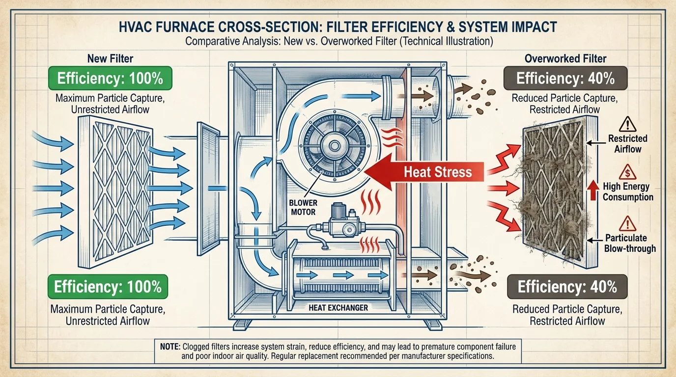A technical diagram comparing a clean, efficient HVAC filter to a clogged, overworked one with energy loss labels.