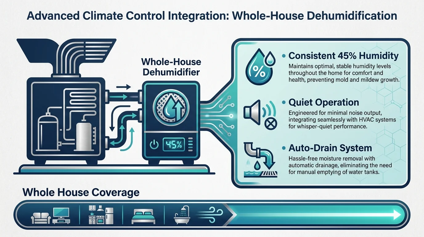 A technical diagram illustrating how a whole-house dehumidifier integrates with a home's central air system.