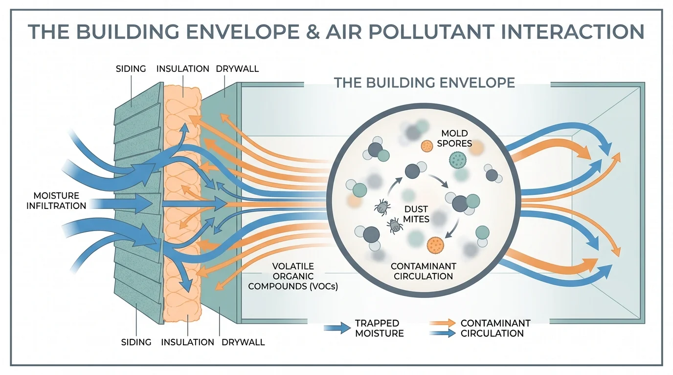 A technical diagram showing how moisture and chemical pollutants move through a home's walls and circulate in the living space.