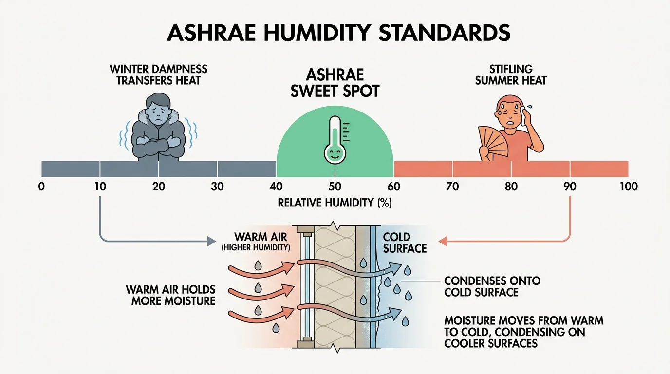 A technical diagram showing the 40-60% humidity comfort zone with labels for ASHRAE standards and temperature effects.