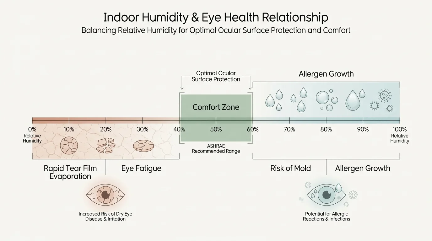 A technical diagram showing the ASHRAE recommended indoor humidity range of 40 to 60 percent for eye comfort.