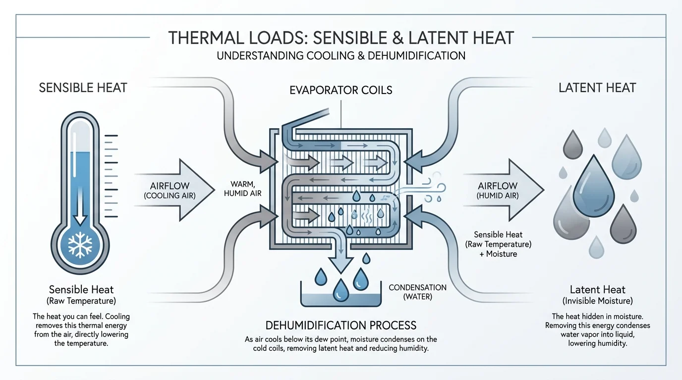 A technical diagram showing the difference between sensible heat and latent heat in an air conditioning system.