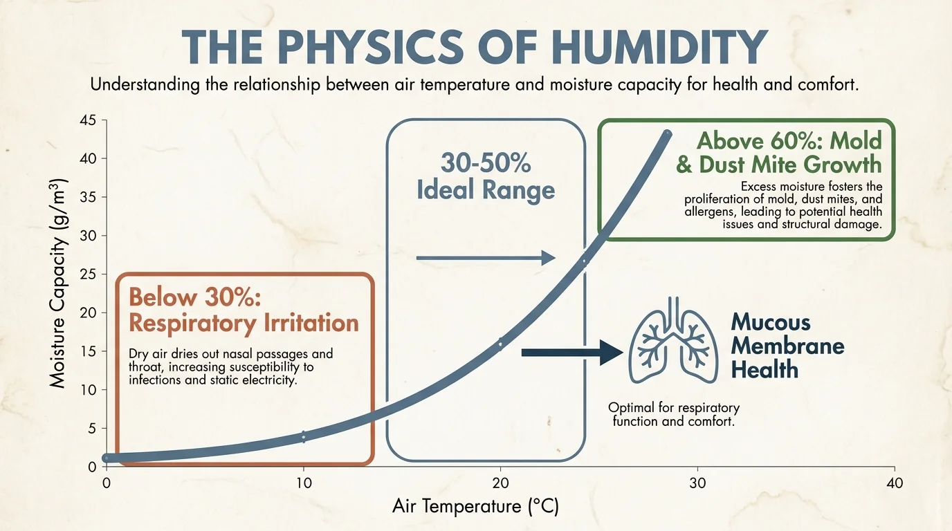 A technical diagram showing the relationship between air temperature, humidity levels, and human health thresholds.