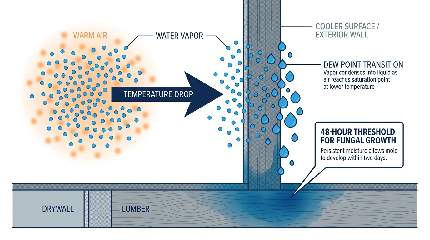 A technical diagram showing warm air hitting a cold wall, reaching its dew point, and moisture soaking into building materials.