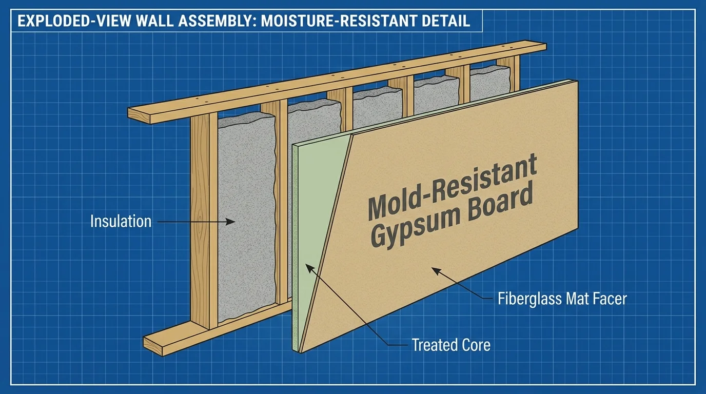 A technical exploded-view diagram of mold-resistant drywall showing its moisture-blocking internal layers.