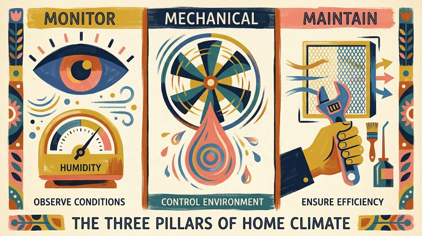 A three-panel gouache illustration symbolizing monitoring, mechanical solutions, and maintenance.