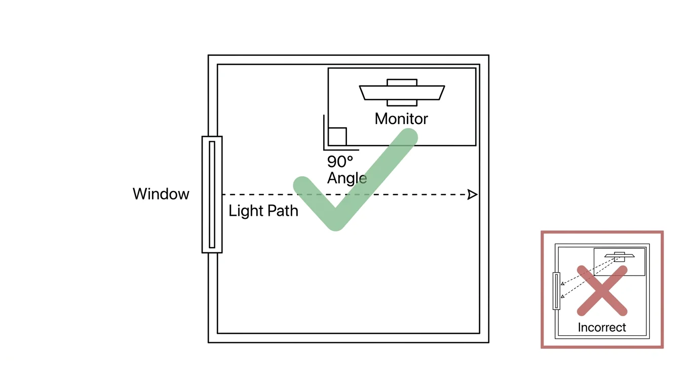 A top-down floor plan showing a computer monitor positioned at a 90-degree angle to a window to avoid glare.