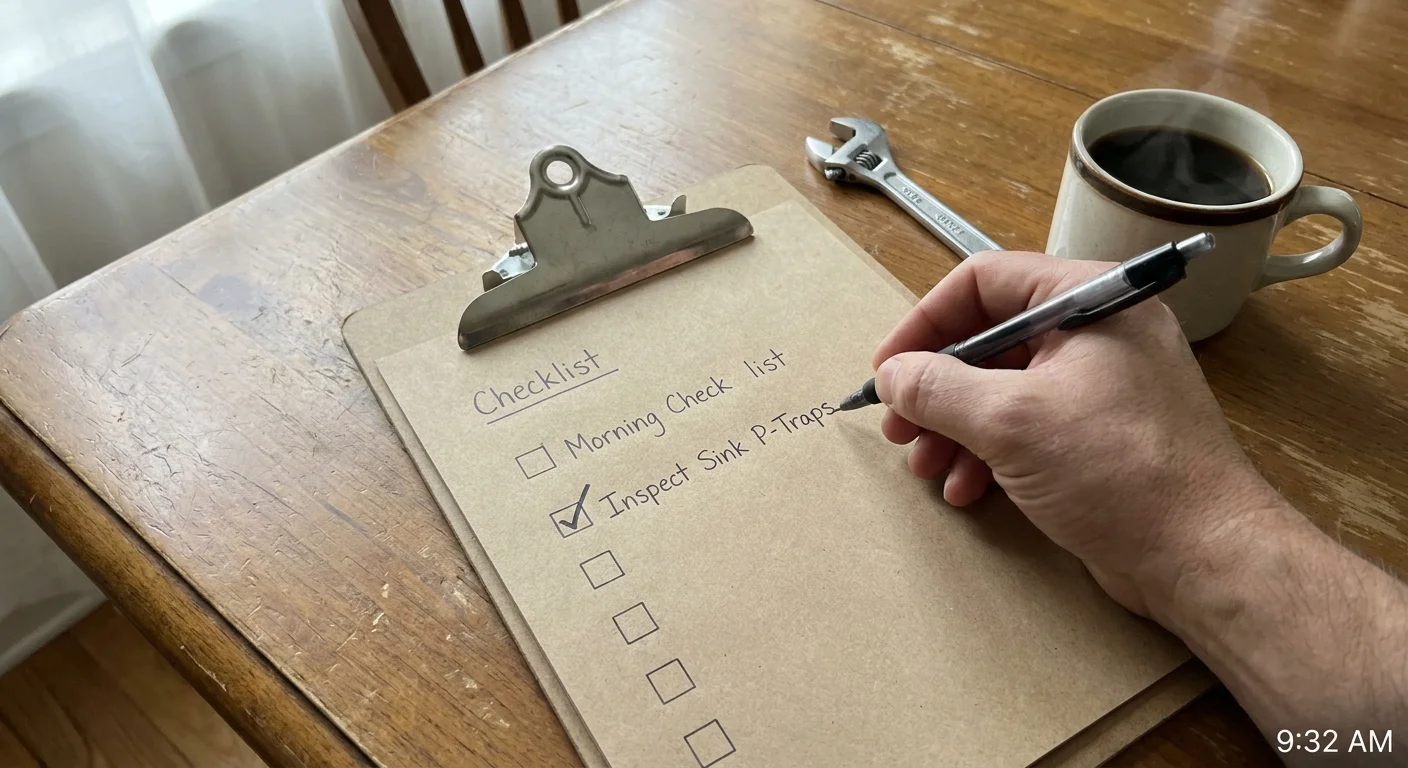 A top-down view of a hand checking off a home maintenance list next to a wrench and coffee.