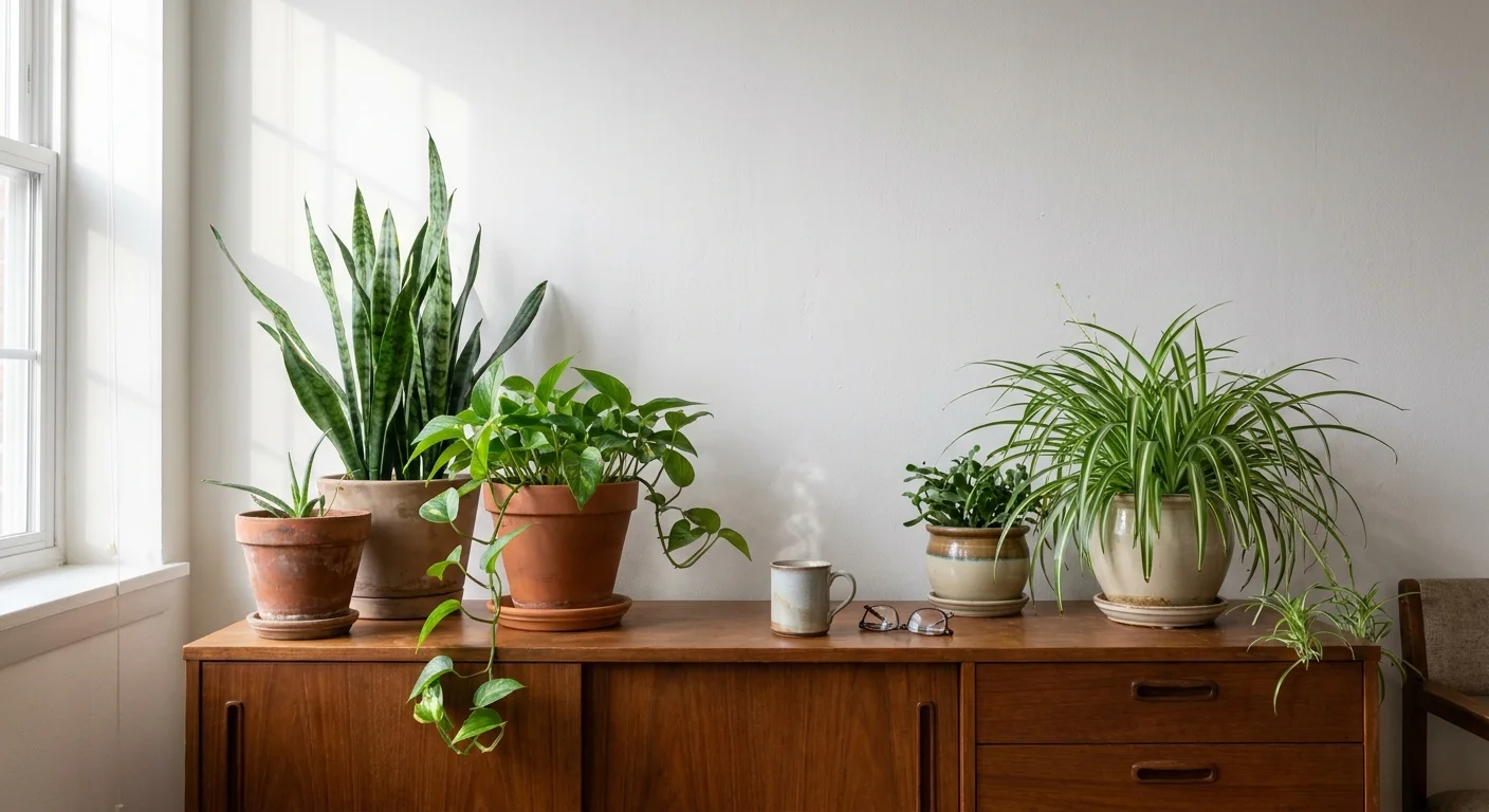 A variety of indoor plants, including a spider plant and pothos, arranged on a wooden sideboard in a home.