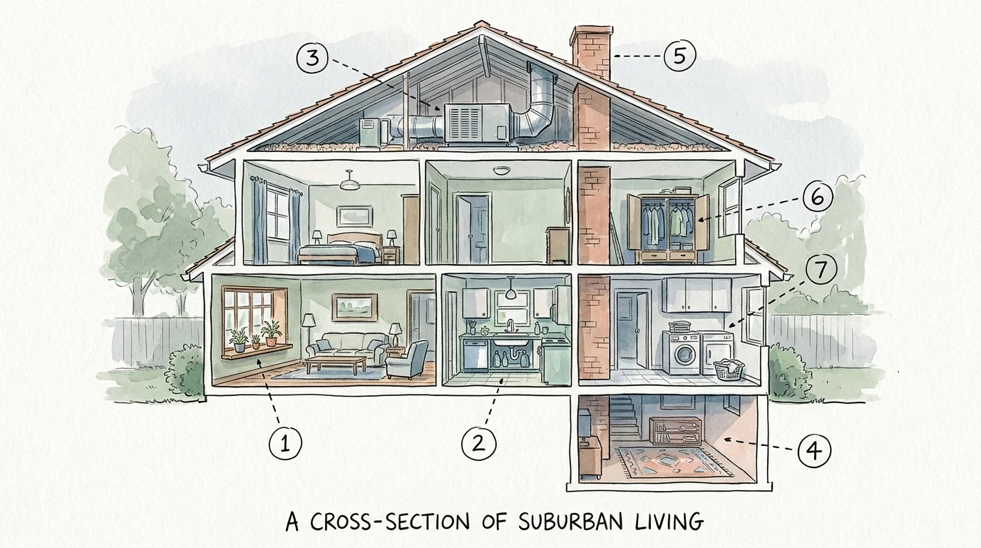 A watercolor cross-section of a house with numbered circles indicating the seven hidden mold growth spots.