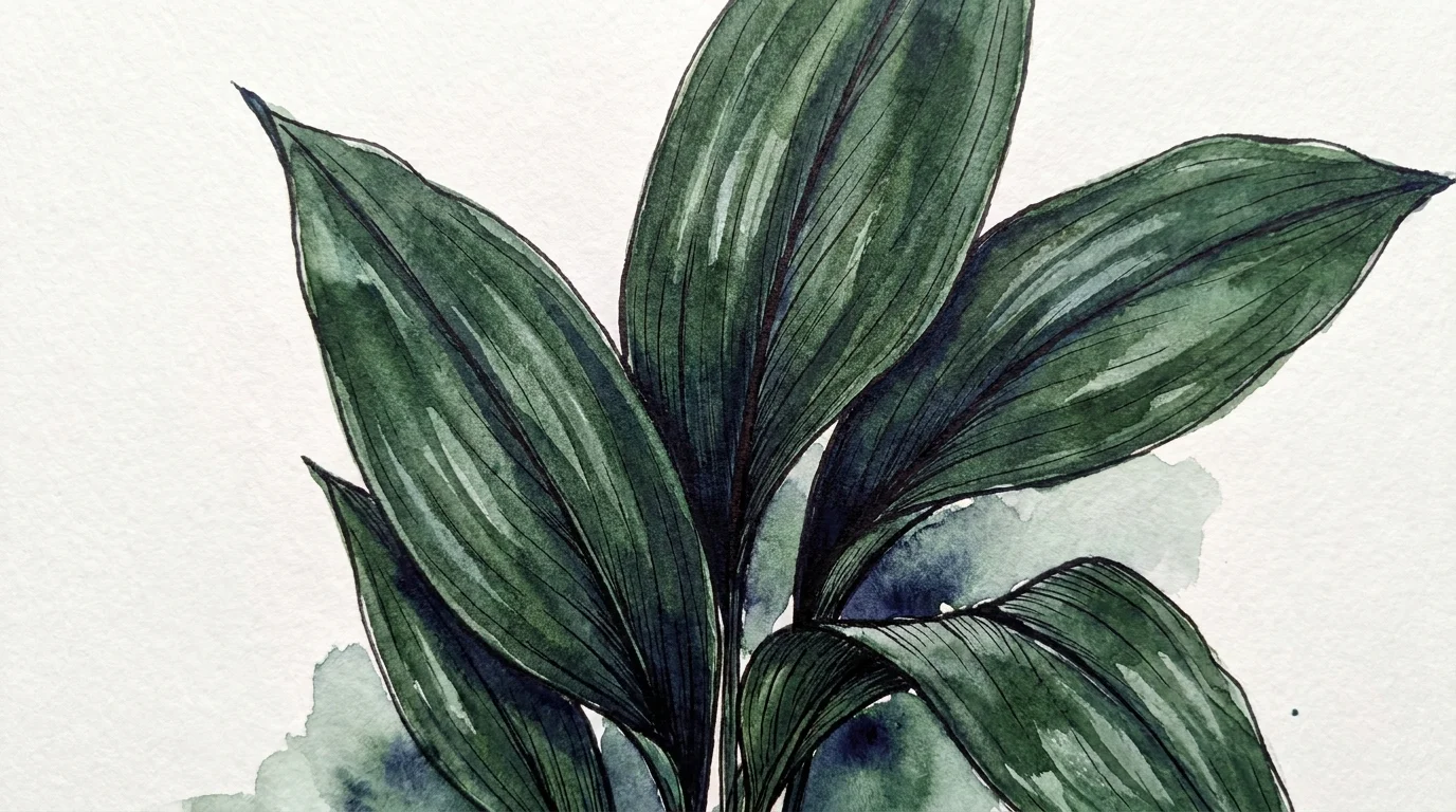 A watercolor of the hardy Cast Iron Plant, showing its broad, dark green leaves and sturdy appearance.