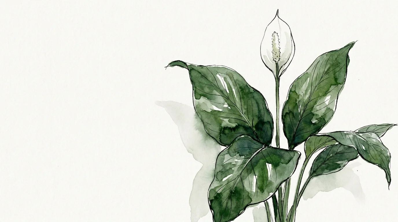 A watercolor painting of a Peace Lily showing its broad green leaves and elegant white flower bloom.