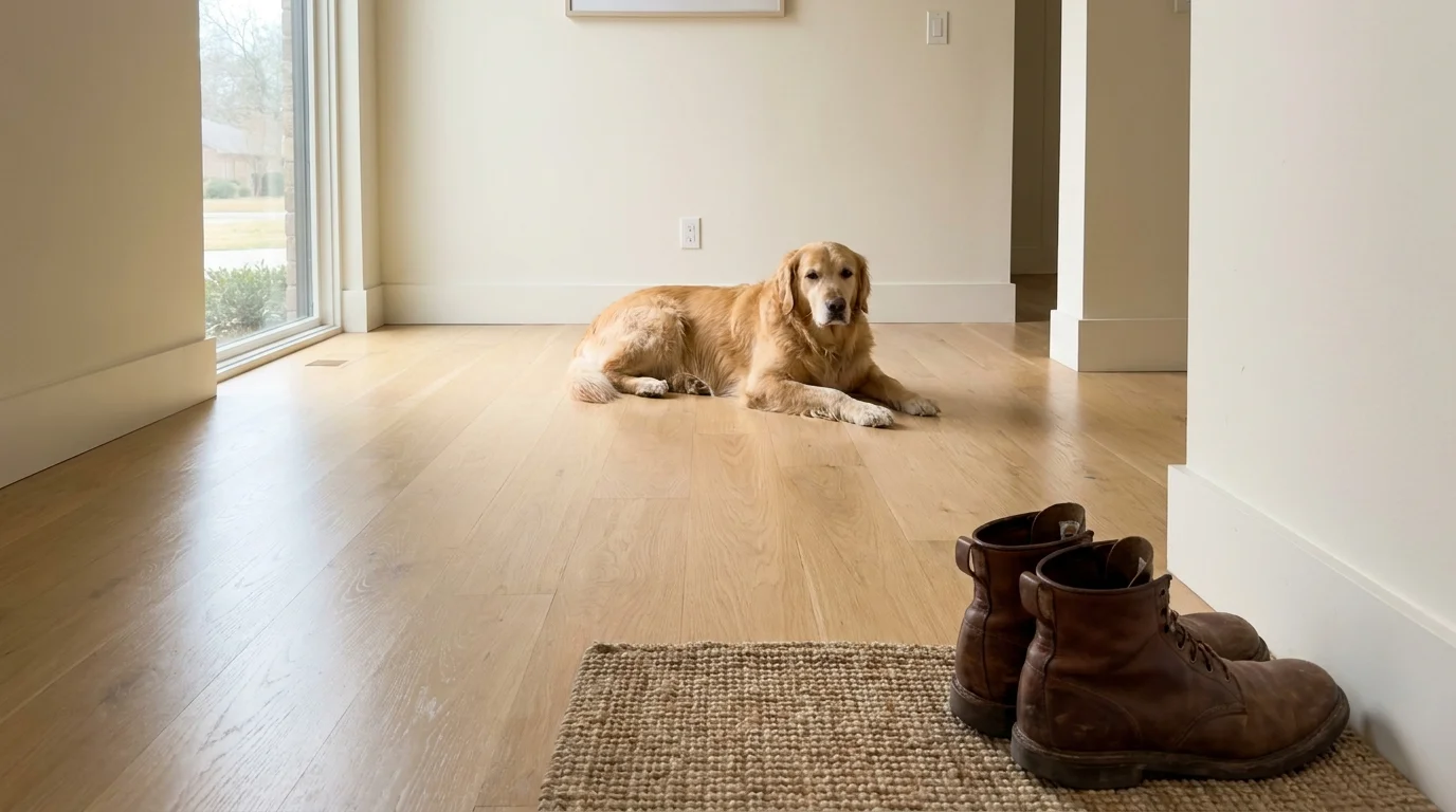 A wide shot of a dog lying on clean hardwood floors, emphasizing the ease of cleaning pet dander compared to carpet.