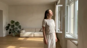 A woman breathes deeply in a clean, sunlit living room with hardwood floors and minimalist decor, capturing a sense of indoor relief.