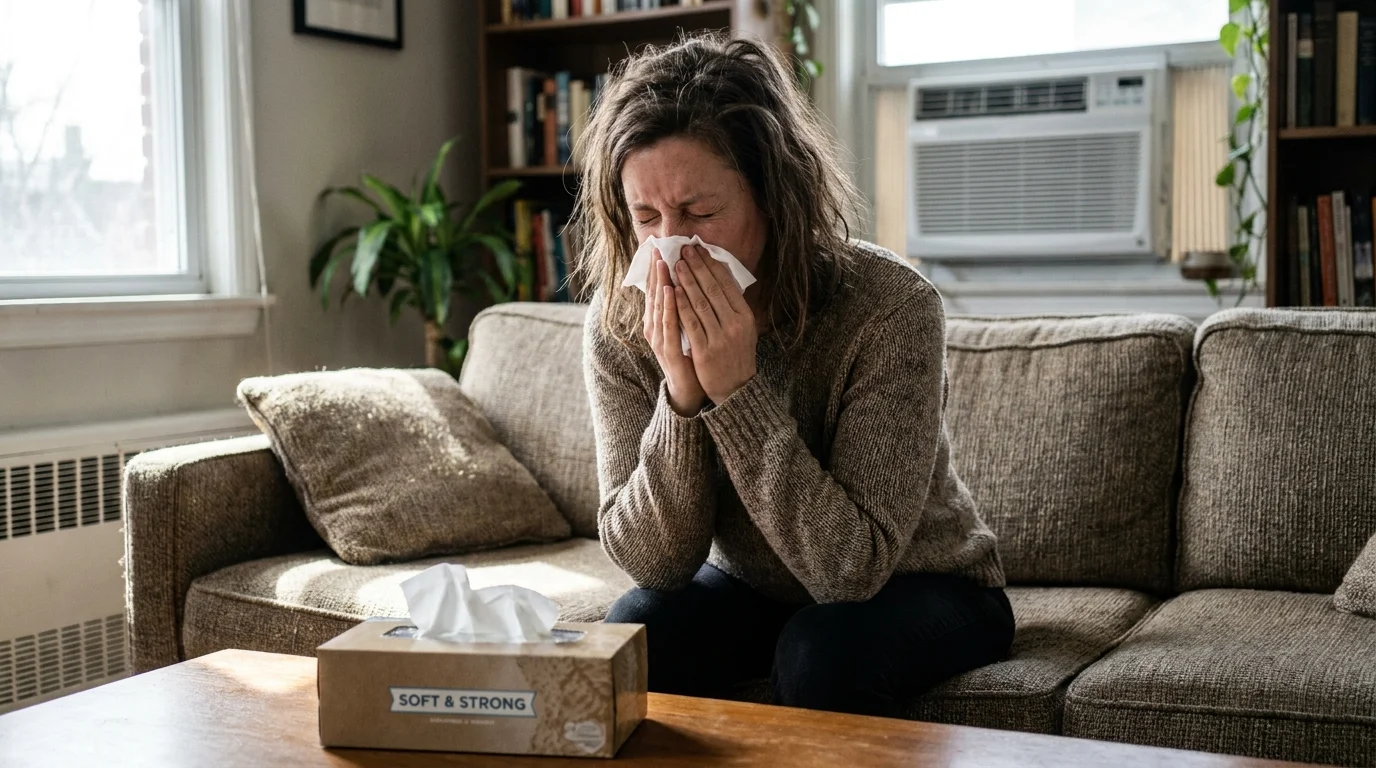 A woman sneezing while sitting on her sofa, suggesting an indoor allergy flare-up caused by poor air quality.