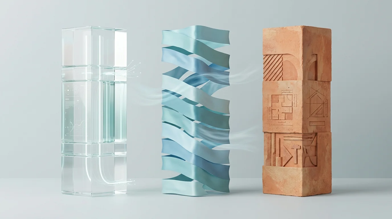Abstract architectural composition with three pillars representing monitoring, ventilation, and maintenance.