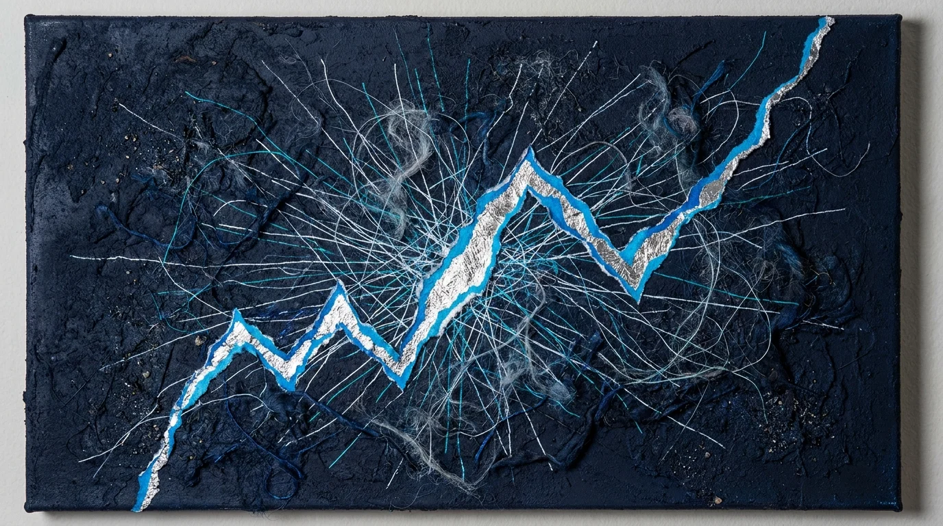 Abstract blue and silver mixed-media art representing a sharp spark of static electricity against a dark background.