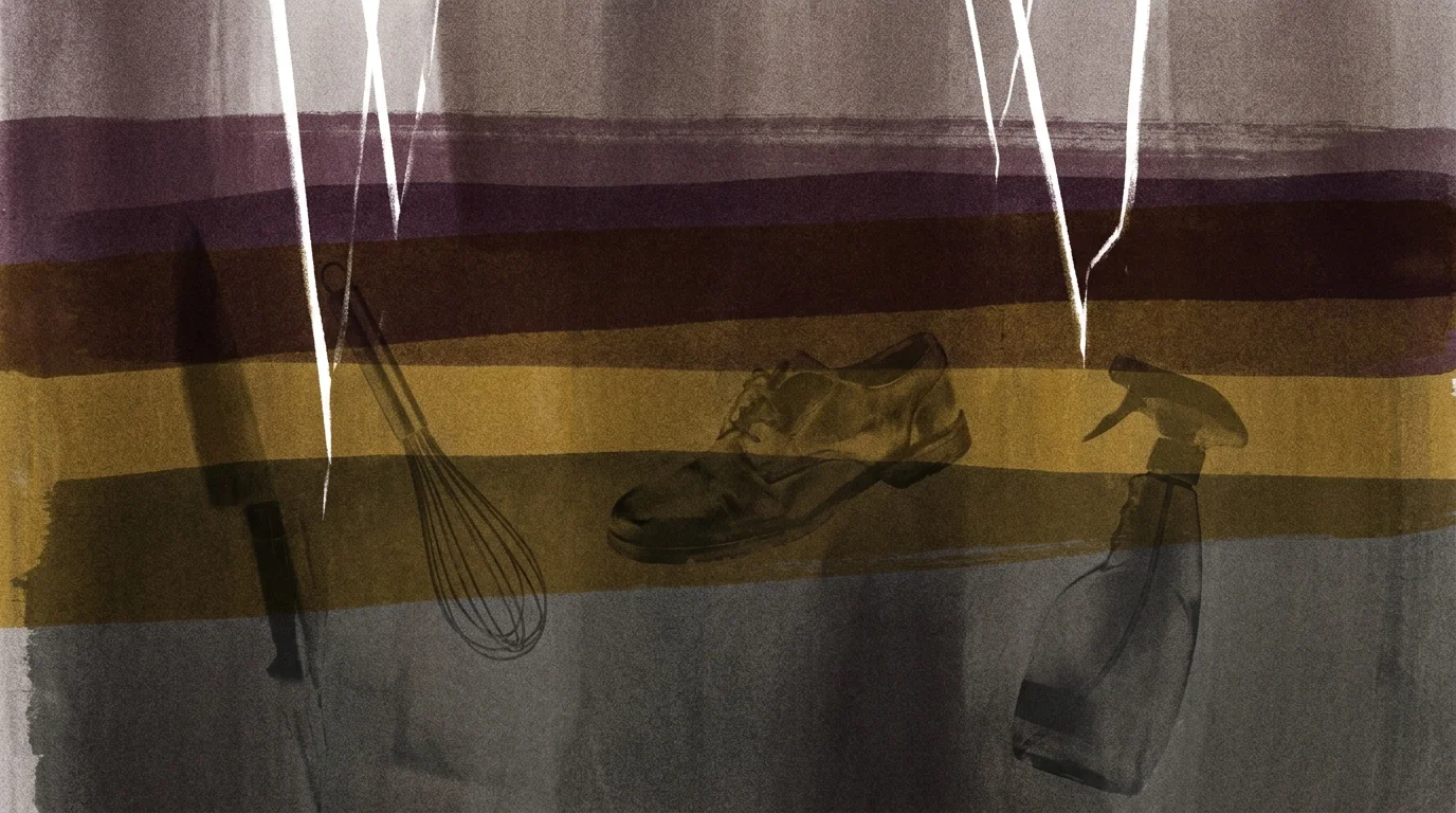 Abstract risograph-style illustration with heavy horizontal bands of dark color representing trapped household odors and stagnant air.