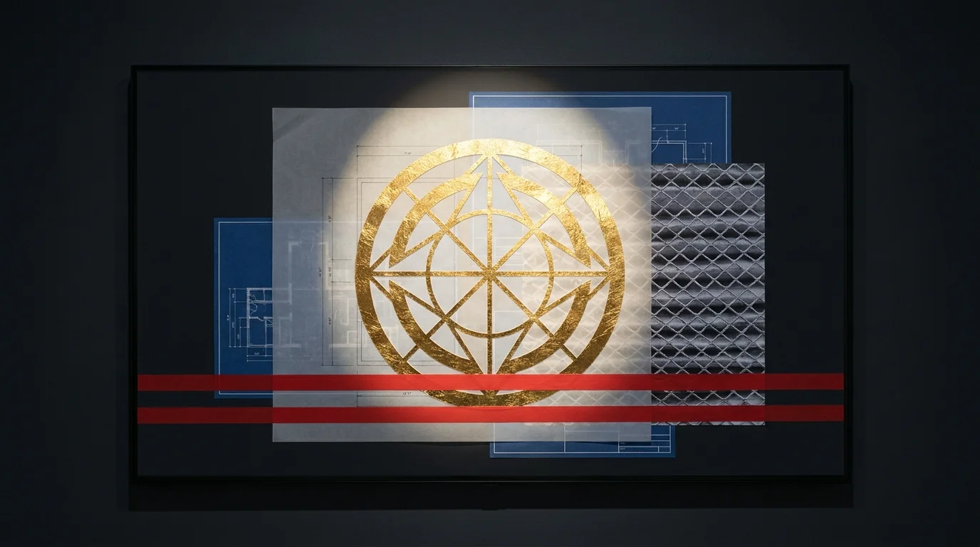 An abstract collage with a gold emblem and a red threshold line, representing expert safety warnings and standards.
