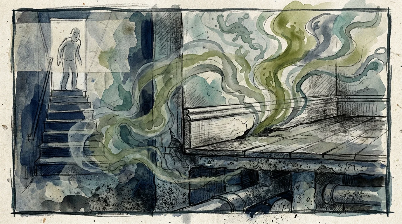 An abstract illustration of green vapor plumes rising from behind a basement baseboard, representing musty odors.