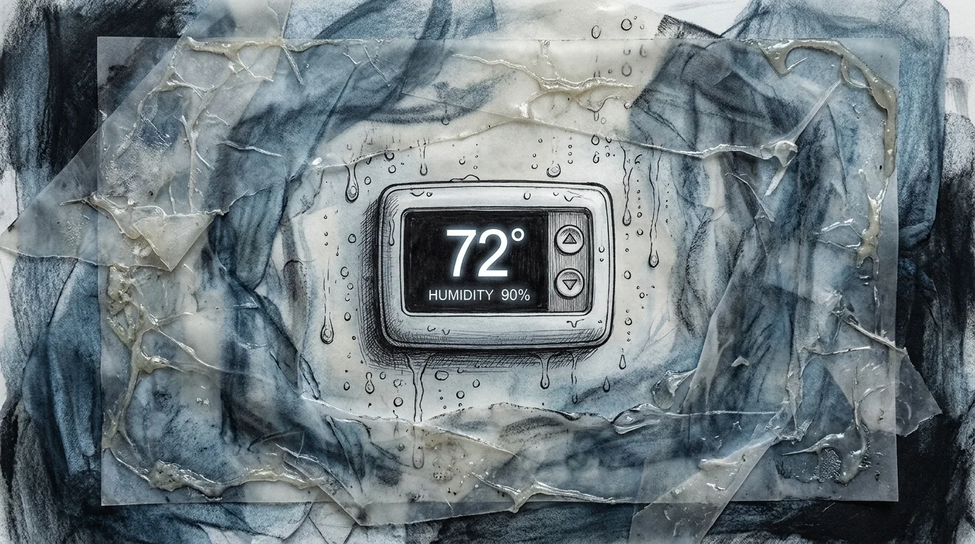 An abstract illustration showing a thermostat reading 72 degrees surrounded by thick, heavy fog and moisture.