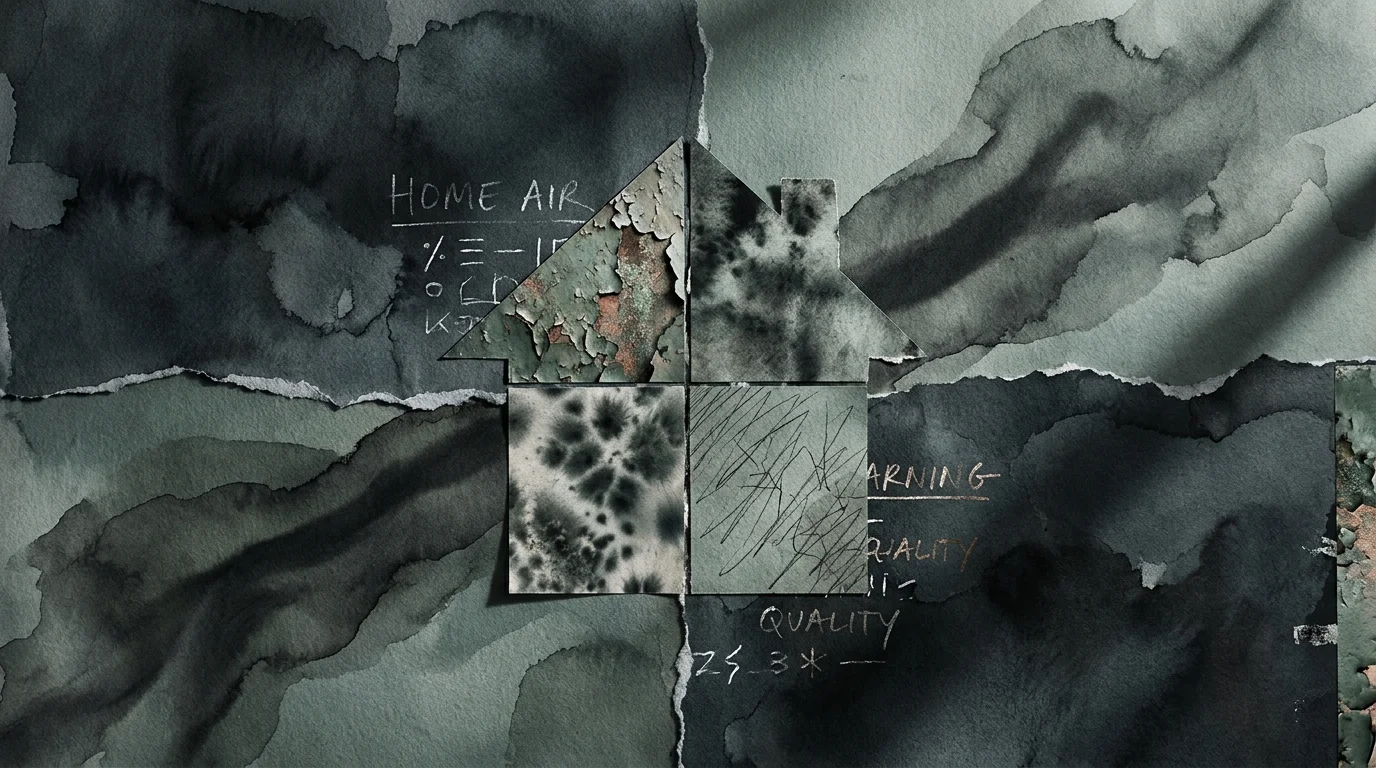 An abstract mixed-media collage featuring a fragmented house shape and textures representing mold, dust, and stagnant air.