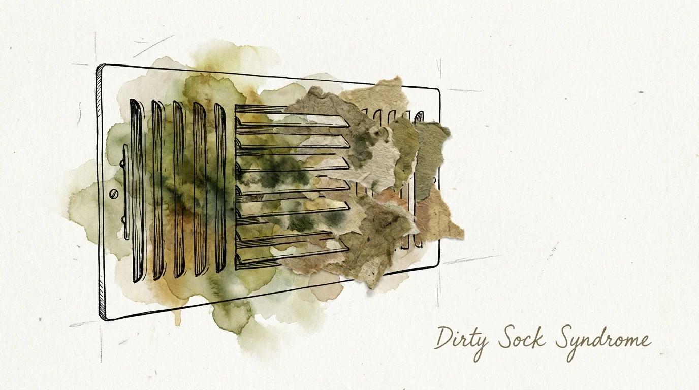 An abstract mixed-media illustration depicting musty odors and microbial growth emanating from an air conditioning vent.