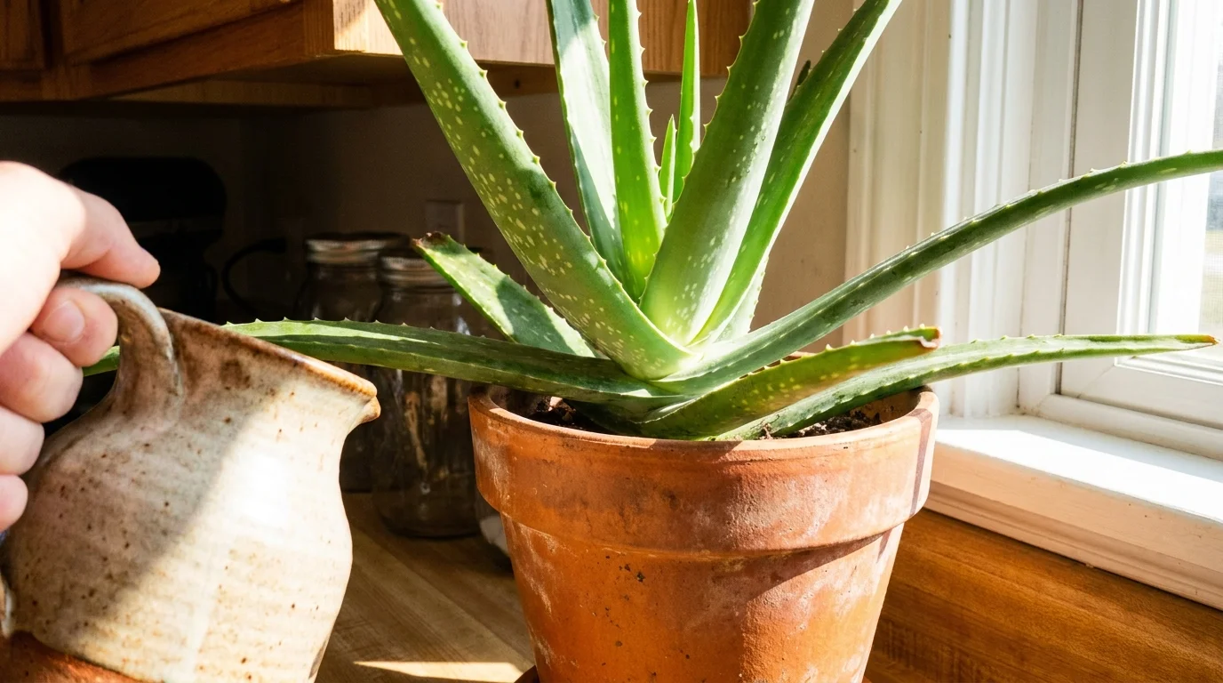 An aloe vera plant in a terracotta pot soaking up direct sunlight on a window sill.