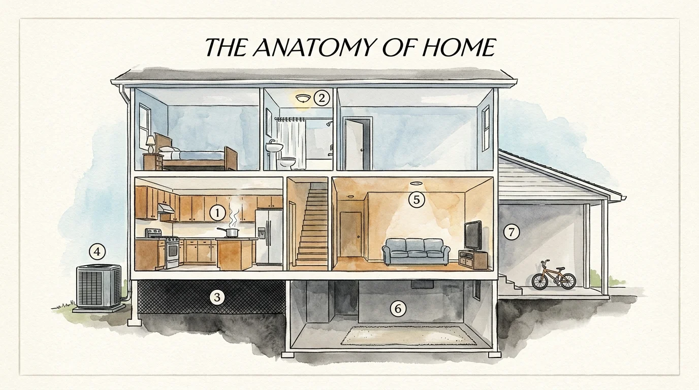 An architectural cutaway illustration of a house with numbers 1 through 7 marking the hidden features that affect air quality.
