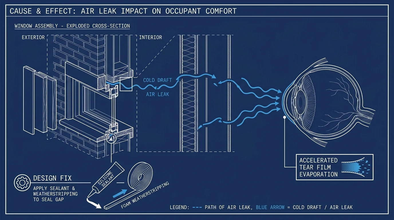 An architectural diagram showing how air leaks through window frames can cause dry eye by increasing evaporation.