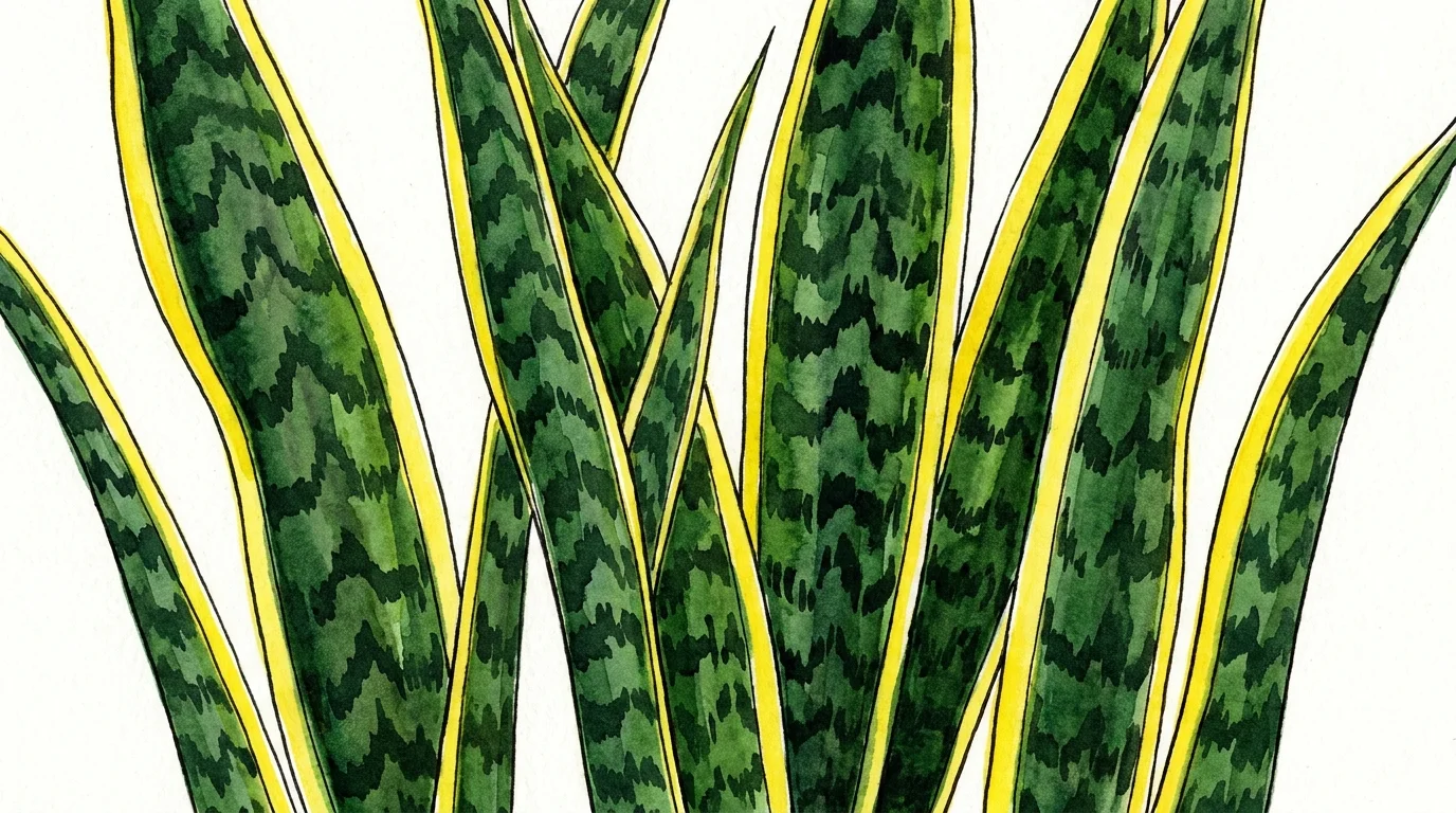 An architectural illustration of a Snake Plant with tall, patterned leaves edged in bright yellow.