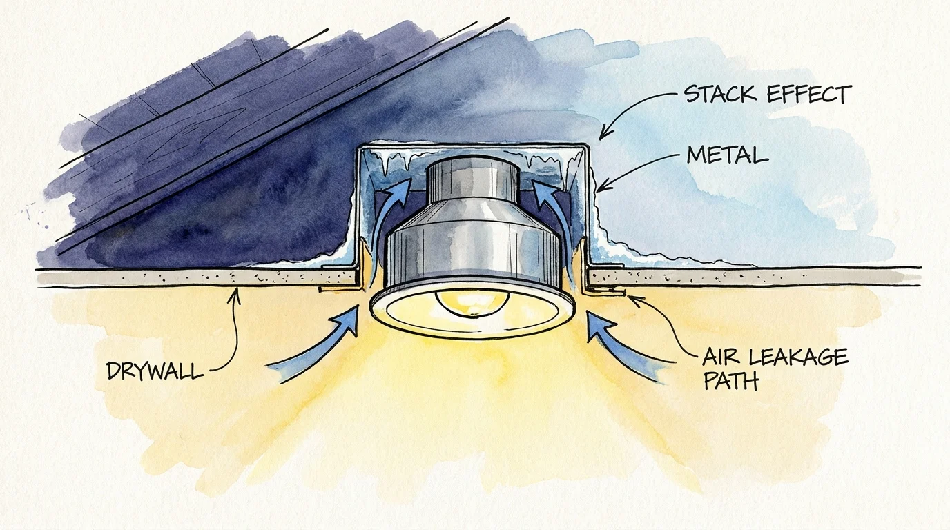 An architectural illustration showing how warm air leaks through gaps in recessed ceiling lights and into the attic.