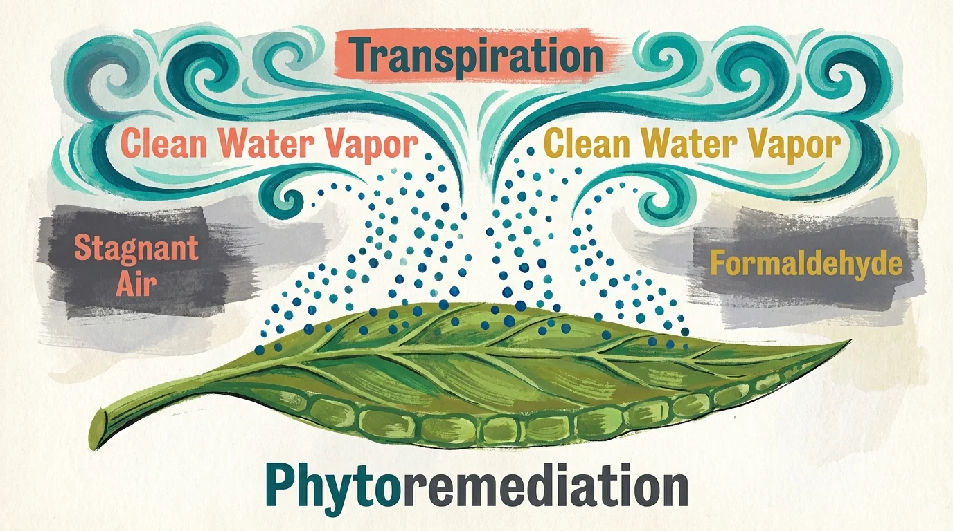 An artistic gouache illustration showing a leaf releasing water vapor into the air, labeled with scientific terms.