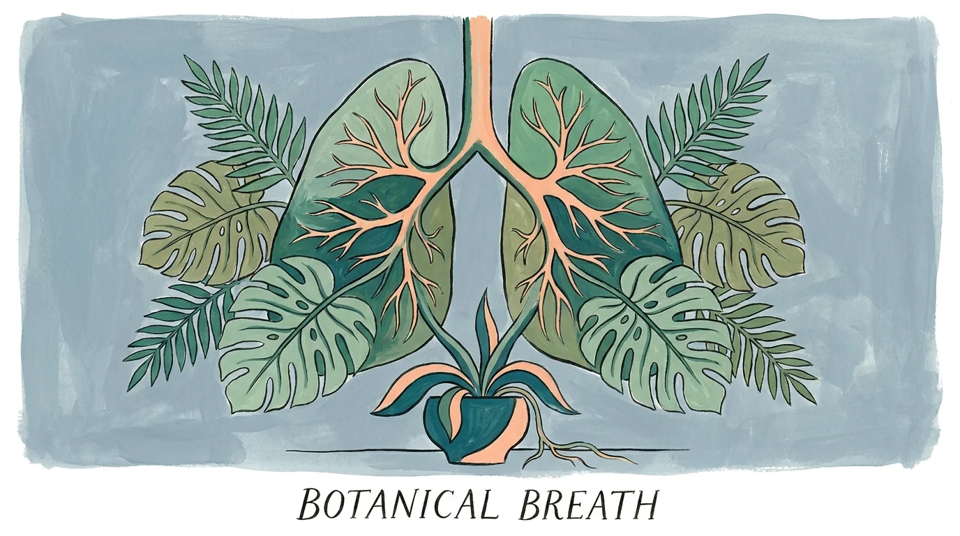 An editorial gouache illustration showing green leaves subtly forming the shape of human lungs.