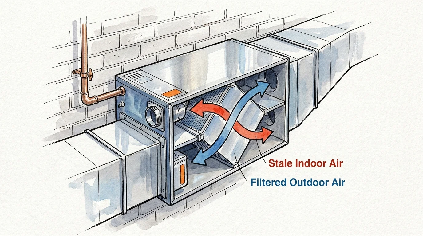 An illustration of an Energy Recovery Ventilator (ERV) system showing the exchange of stale indoor air for fresh outdoor air.