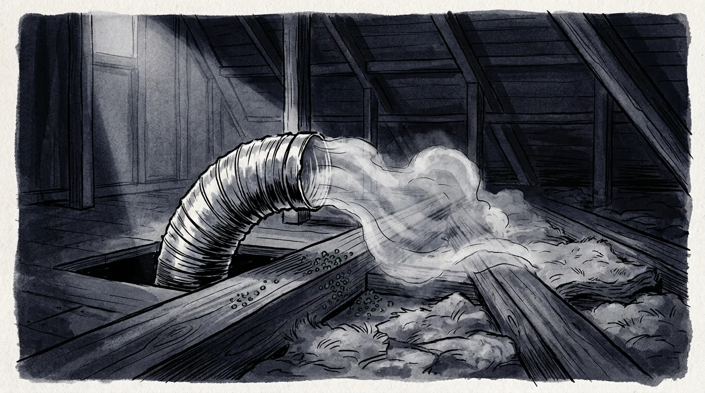 An illustration showing a bathroom vent pipe ending in an attic, releasing moisture onto wooden rafters and insulation.